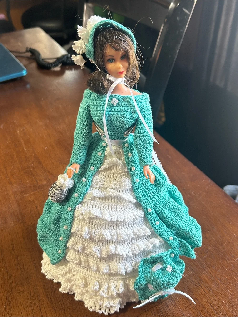 Turquoise Crochet Open-Front Doll On Stand New 11” Tall